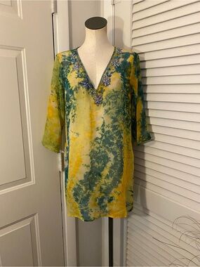 Aqua Blu Yellow & Green Embroidered V-Neck Tunic- Size Medium